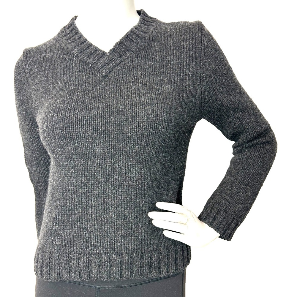 Vintage J Crew Charcoal Gray Wool Chunky Knit Ribbed V Neck Sweater Small Preppy